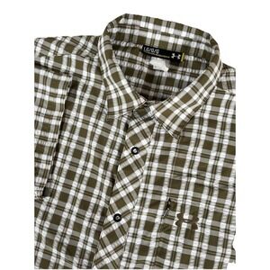Under Armour Seersucker White Brown Plaid Snap Button-Up Fishing Shirt Mens Sz L